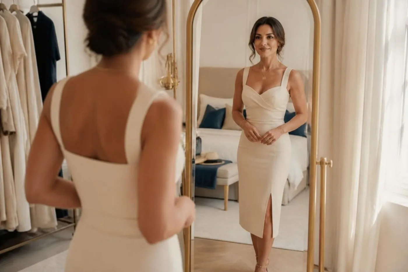 Mulher se olhando no espelho com vestido creme