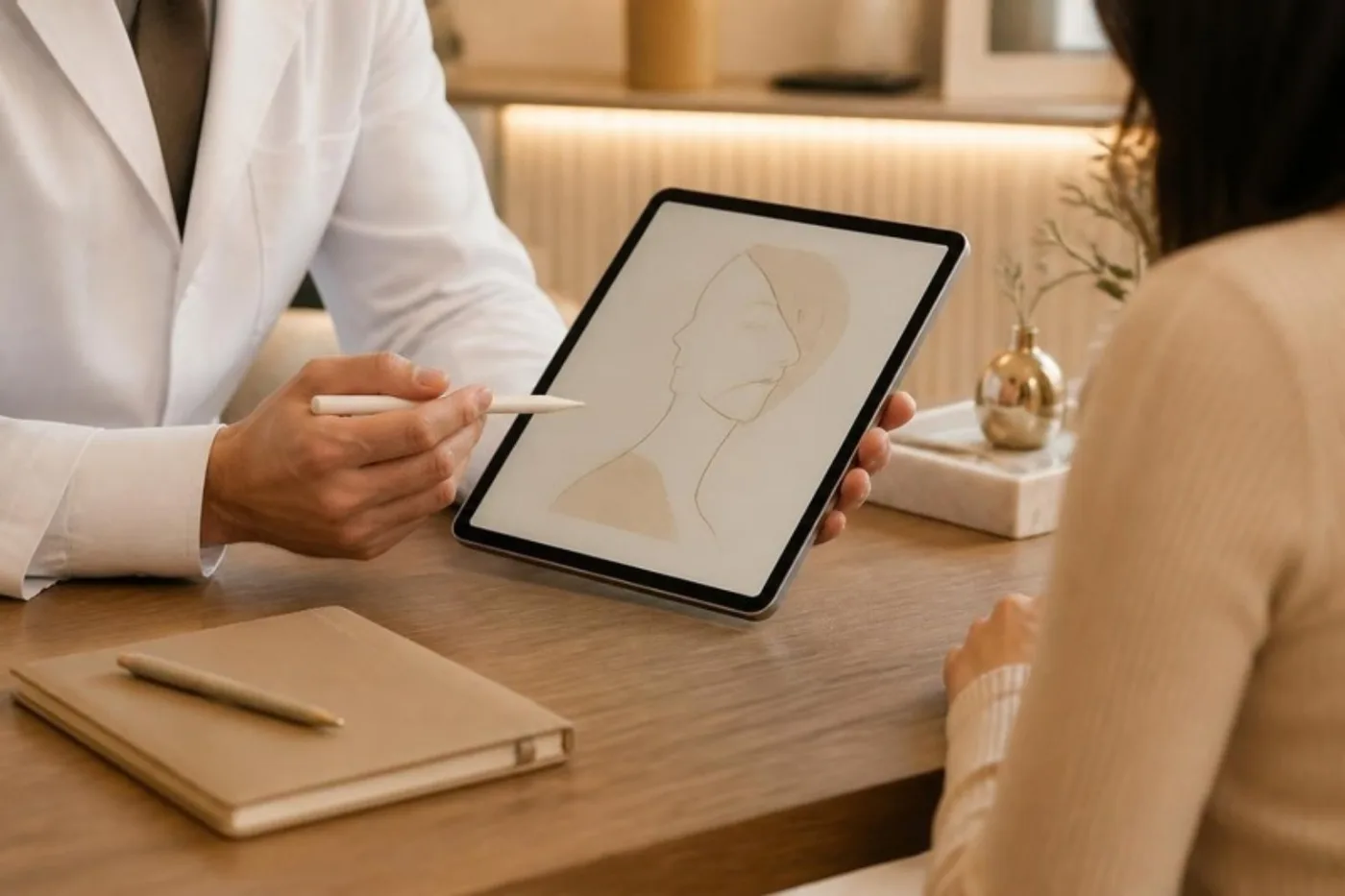 Cirurgião explicando o planejamento cirúrgico em um tablet