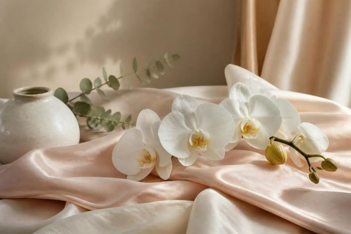 Orquídeas brancas sobre seda, imagem ilustrativa