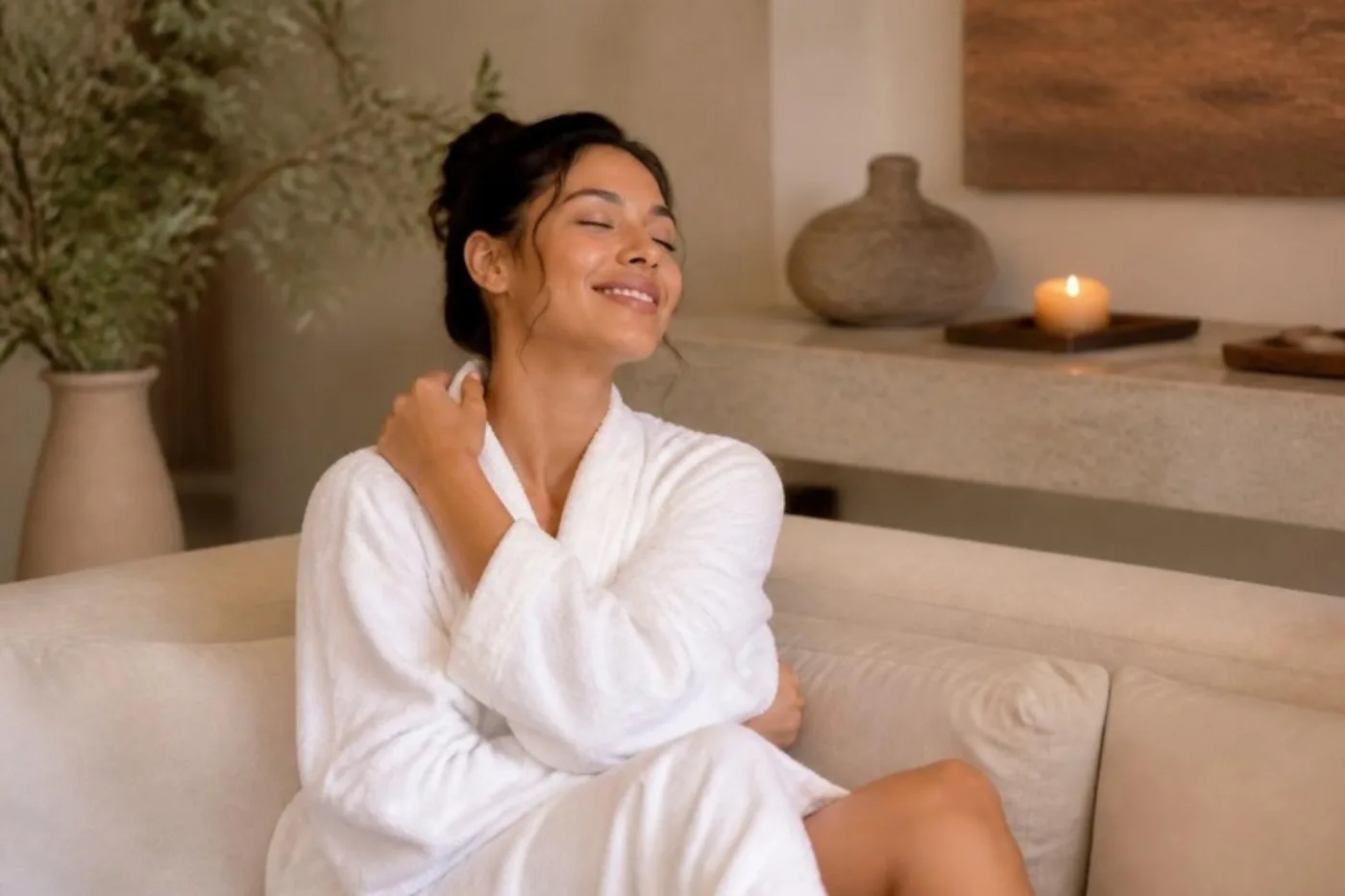 Mulher relaxada de roupão, sensação de bem-estar