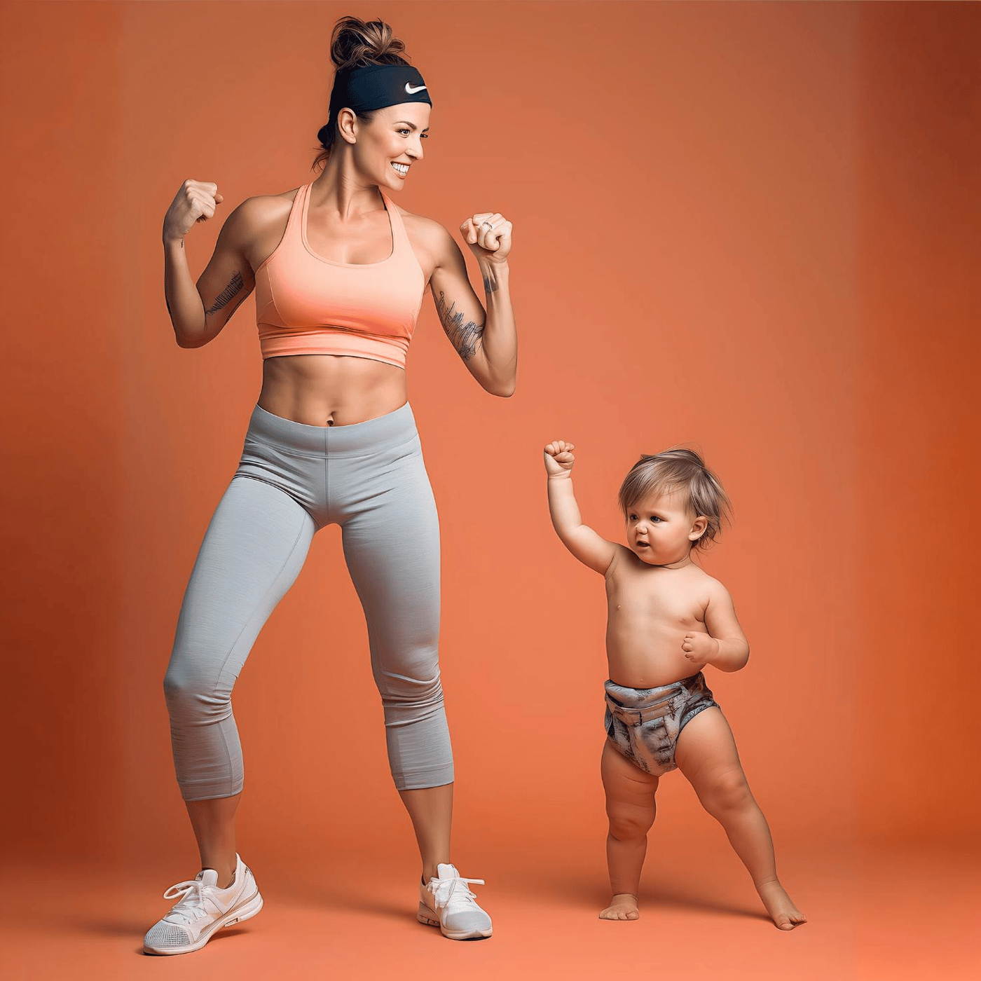 a woman in a sports brailler and a baby in a diaper