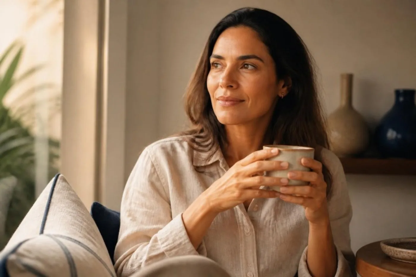 Mulher serena em casa, ilustrando o explante mamário