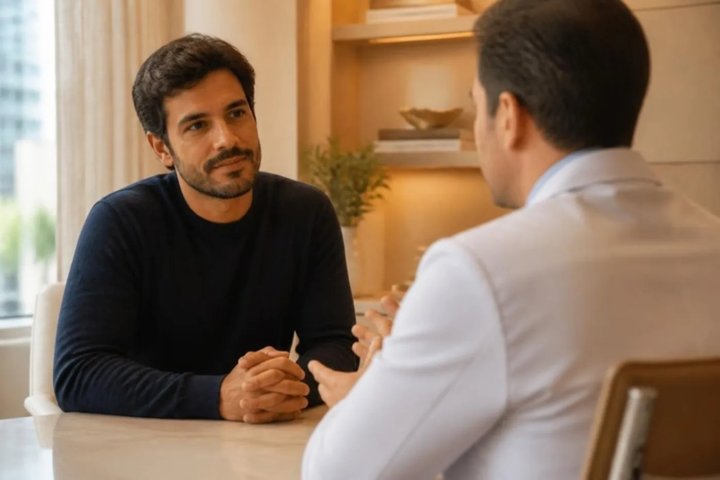 Paciente em consulta com cirurgião plástico