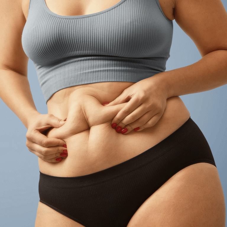 Mulher segurando a pele da barriga após a gestação